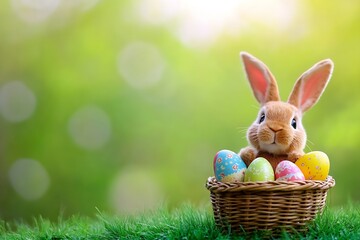 Poster - Charming bunny in a basket with decorated eggs amidst a lush green backdrop : Generative AI
