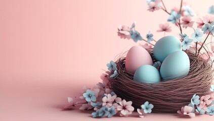 Poster - Colorful Easter eggs in a beautiful nest surrounded by delicate pink flowers and a serene background : Generative AI
