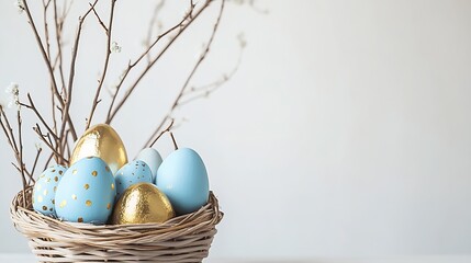 Poster - Joyful Easter egg display featuring golden and blue eggs in a rustic basket setting : Generative AI