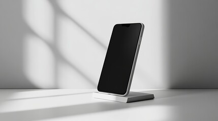 Poster - Modern Smartphone Mockup on White Stand Minimalist Stylish Device Technology Mobile Phone Screen Blank Display Elegant Clean Background Simple Design 