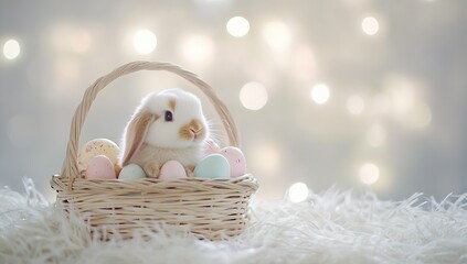 Aufkleber - Charming rabbit relaxing among pastel Easter eggs in a cozy basket with a soft background of twinkling lights : Generative AI