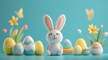 Aufkleber - Cute Easter Bunny Surrounded by Colorful Decorative Eggs and Fresh Flowers in a Bright Setting : Generative AI