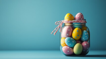 Poster - Colorful Easter Eggs in a Jar on a Blue Background for Festive Spring Decor : Generative AI