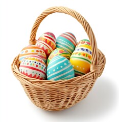 Poster - Vibrant painted Easter eggs arranged in a charming wicker basket for holiday joy : Generative AI