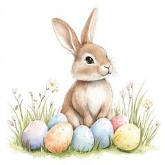 Poster - Charming brown rabbit sitting gracefully near colorful Easter eggs in vibrant grass : Generative AI