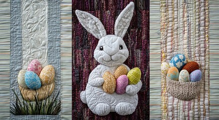Poster - Adorable quilted easter bunny with colored eggs for spring celebrations and decorations : Generative AI