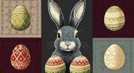 Aufkleber - Playful Grey Rabbit Holding Beautifully Decorated Easter Eggs for Spring Festivities : Generative AI