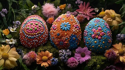 Poster - Colorful decorated Easter eggs surrounded by vibrant flowers and greenery in a festive spring setting : Generative AI