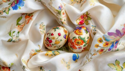 Poster - Vibrant hand painted decorative Easter eggs with floral motifs on soft fabric backdrop : Generative AI