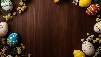Poster - Artistic Display of Easter Eggs Surrounded by Fresh Blossoms on a Rustic Wooden Surface : Generative AI