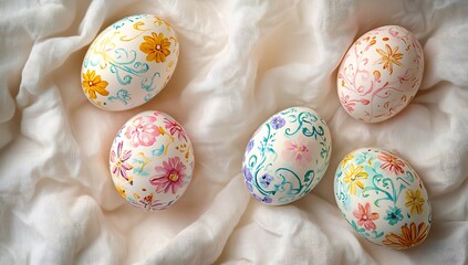 Poster - Decorative eggs with vibrant floral patterns arranged on soft white fabric background : Generative AI