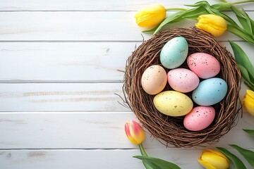 Poster - Nest of pastel Easter eggs arranged with vibrant tulips on a light wooden backdrop : Generative AI
