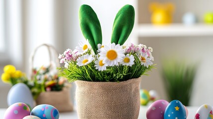 Poster - Beautiful Arrangement of Flowers with Bunny Ears Surrounded by Colorful Easter Eggs and Soft Greenery : Generative AI