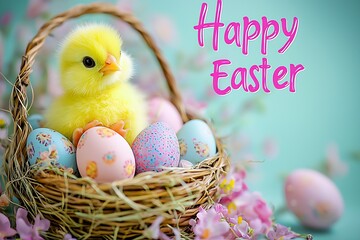 Poster - Charming Easter Chick Among Colorful Eggs in a Decorative Basket for Spring Celebration : Generative AI