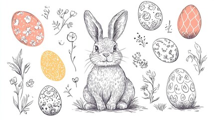 Aufkleber - Charming rabbit illustration surrounded by vibrant Easter eggs and delicate flowers in a joyful composition : Generative AI