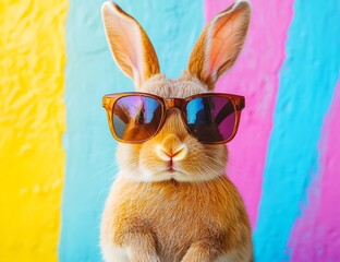 Poster - Stylish rabbit with sunglasses standing out against a colorful wall art : Generative AI