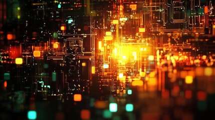 Poster - Abstract Digital Network Orange Yellow Green Glowing Lines Bright Technology Futuristic Background Modern Design Circuit Board Pattern Complex System 
