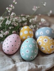 Aufkleber - Beautifully Decorated Easter Eggs Surrounded by Delicate Flowers on a Soft Background : Generative AI