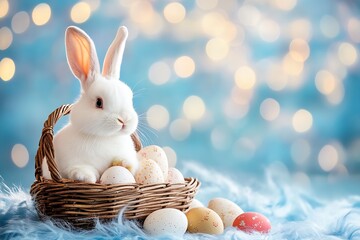 Poster - Charming white bunny sitting in a woven basket surrounded by pastel Easter eggs in a dreamy blue setting : Generative AI