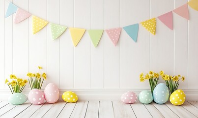 Poster - Delightful Easter setting with mixed pastel eggs and lively flowers in a vibrant space : Generative AI