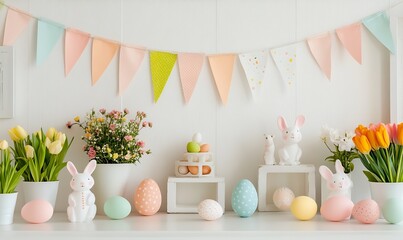 Poster - Charming Easter Setup with White Bunnies Colorful Eggs and Flowers on a White Table : Generative AI