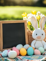 Poster - Charming display of a bunny plush and pastel Easter eggs beside a basket and chalkboard in a sunny garden : Generative AI