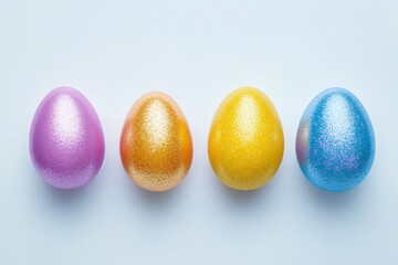Poster - Shimmering pastel Easter eggs in varied colors glowing softly against a light background to celebrate spring : Generative AI