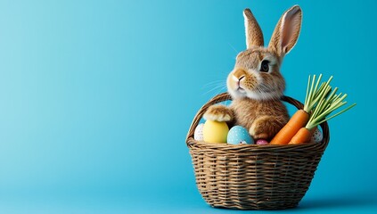 Poster - Charming fluffy bunny sitting in a basket with pastel eggs and fresh carrots for Easter celebration : Generative AI