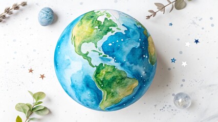 watercolor earth globe with stars and moon on white background isolated on white background, a celes