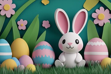 Aufkleber - Charming paper art Easter bunny sitting among beautifully decorated eggs and flowers in spring : Generative AI