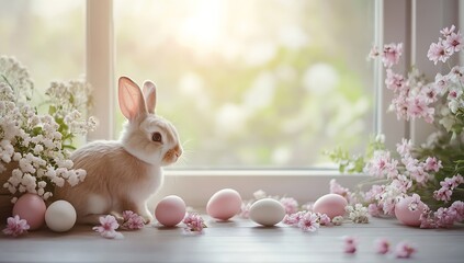Poster - Charming fluffy bunny surrounded by Easter eggs and flowers in a softly lit tranquil space : Generative AI