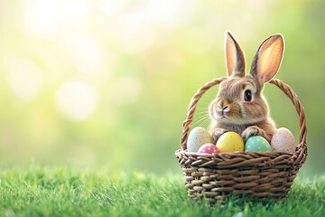 Poster - Playful rabbit sitting in a basket surrounded by vibrant Easter eggs in spring sunlight : Generative AI
