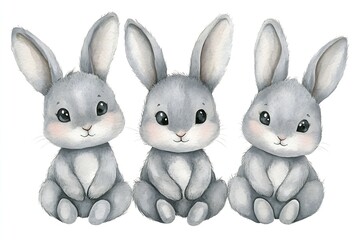 Poster - Charming gray bunnies illustrated in watercolor providing a delightful and playful vibe perfect for children’s art : Generative AI