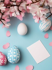 Poster - Charming Arrangement of Easter Eggs and Pink Petals with Cherry Blossom Blooms on a Soft Blue Background : Generative AI