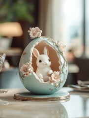 Poster - Elegant porcelain bunny figure sitting in a beautifully decorated egg with floral embellishments perfect for Easter : Generative AI