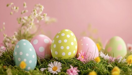 Poster - Charming Collection of Easter Eggs Nestled Among Delicate Flowers on a Gentle Pink Surface : Generative AI