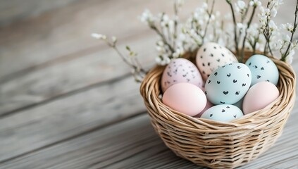 Poster - Delightful Easter eggs with heart patterns in a woven basket adorned with blossoms providing a stylish spring look : Generative AI