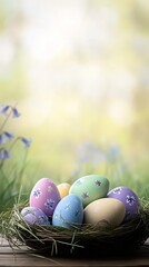 Poster - Vibrant Easter eggs arranged artistically in a nest with a soft floral backdrop : Generative AI