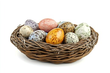 Poster - Artfully arranged Easter eggs in a distinctive woven nest designed for seasonal spring decorations : Generative AI