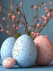 Poster - Beautifully decorated pastel eggs with speckles and flowering branches for a cheerful spring backdrop : Generative AI