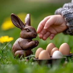 Aufkleber - Joyful child reaching towards colorful eggs with an adorable bunny nearby on a sunny lawn : Generative AI