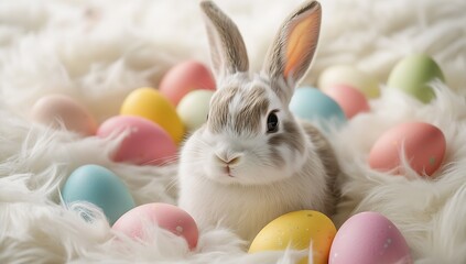 Aufkleber - Lovely rabbit sitting among colorful Easter eggs on a soft fluffy background in a playful manner : Generative AI