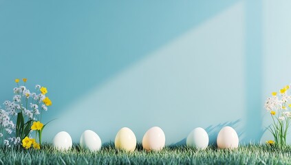 Poster - Colorful Easter Eggs Lined Up Against a Calm Blue Background Surrounded by Wildflowers : Generative AI