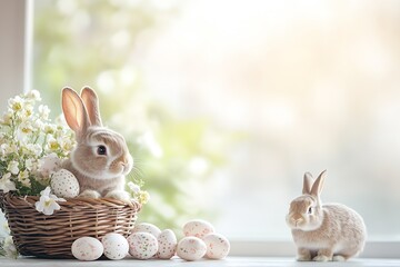 Poster - Two adorable bunnies surrounded by decorated Easter eggs and fresh flowers in a cozy setting : Generative AI