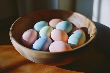 Poster - Pastel colored eggs arranged in a wooden bowl with dramatic lighting highlighting their smooth textures : Generative AI