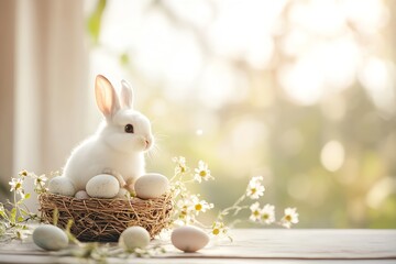 Poster - Lovely fluffy bunny sitting in a basket among pastel eggs and beautiful wildflowers in a sunlit room : Generative AI
