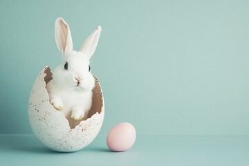 Poster - Sweet white rabbit looking curiously from a cracked shell with a pastel pink egg on a calm blue backdrop : Generative AI