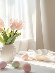 Poster - Elegant pink tulips in a white vase with pastel eggs creating a serene spring atmosphere : Generative AI