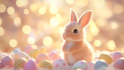 Poster - Sweet fluffy bunny surrounded by pastel Easter eggs in a magical warm lighting effect : Generative AI