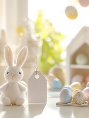 Poster - Sweet and playful Easter bunny plush toy next to a blank tag and various decorated eggs bringing joy to the spring season : Generative AI